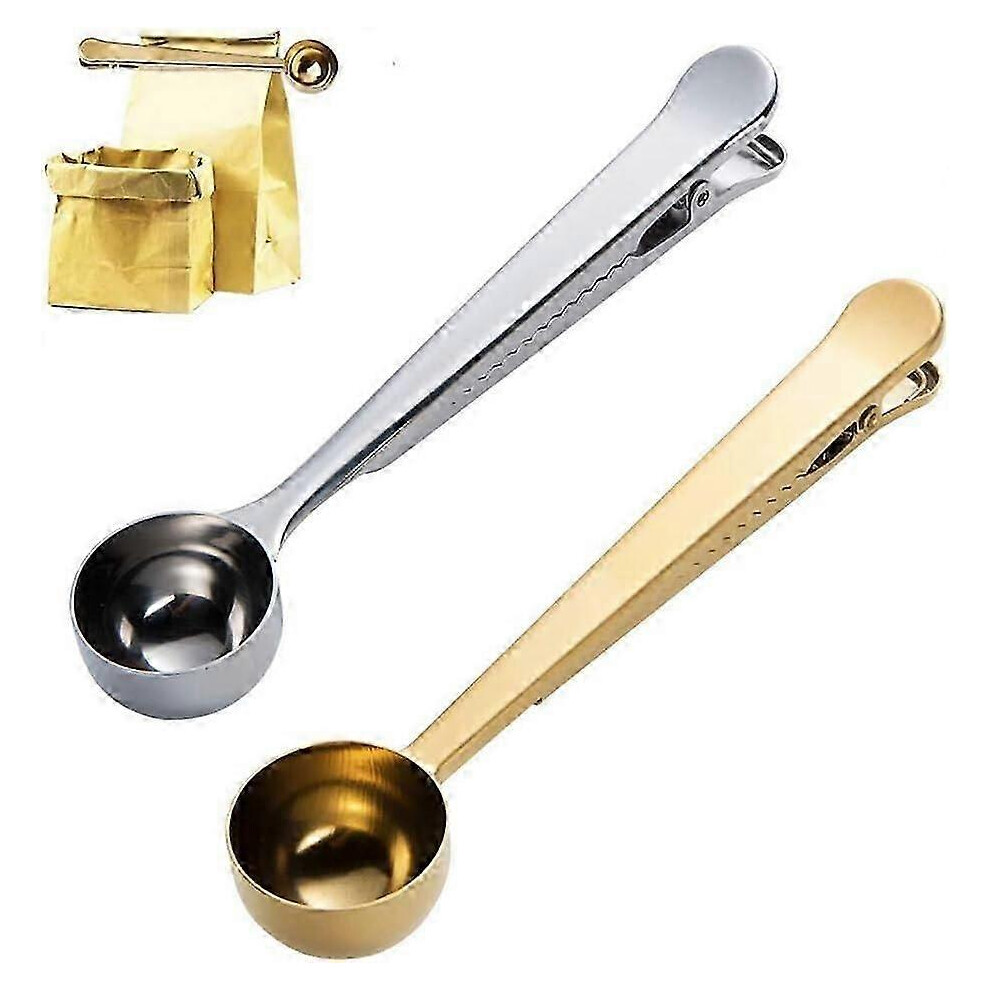 Set Of 2 Coffee Spoons With Coffee Bag Clip ( And Gold) Silver/Gold