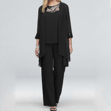 3-Piece Chiffon Mother of The Bride Pant Suit, a Formal Wedding Outfit and Evening Gown Set for Women, available in Plus Sizeblack3XL