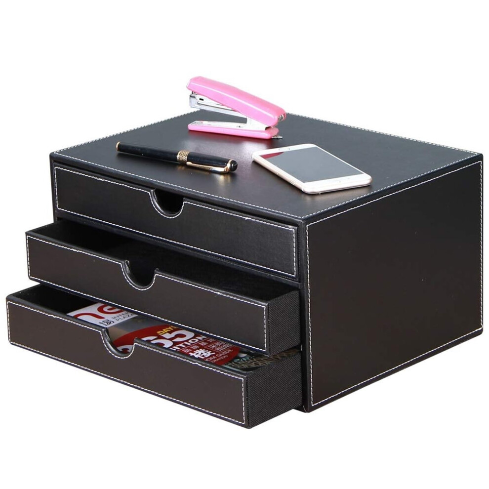 Desktop Storage Box With Drawers PU Leather Desk Organizer 3-Drawer Stackable File Cabinet Executive Office-image-OPC-PKQSGTD-NEW