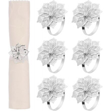 Flower Napkin Rings Set of 6, Hollow Out Design Napkin Holder Floral Rhinestone Serviette Buckles