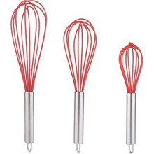 Set of 3 Red Silicone Whisks with Stainless Steel Handles, Milk & Egg Beater, Balloon Whisk
