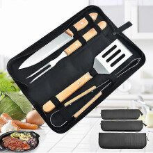 4 Pieces of BBQ Utensils, High Quality Stainless Steel BBQ Accessories with Wooden Handles