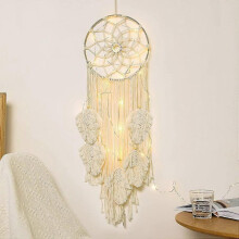 Cotton Woven Wall Hanging Moon Dream Catcher with Fairy Lights Round Tassel Wall Decor Boho Decor Tassel Home, Beige