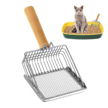 Cat Litter Scooper, Wooden Handle, Stainless Steel Non-Stick, Heavy-Duty Sifter Poop Lifter For Kittens & Small Breeds