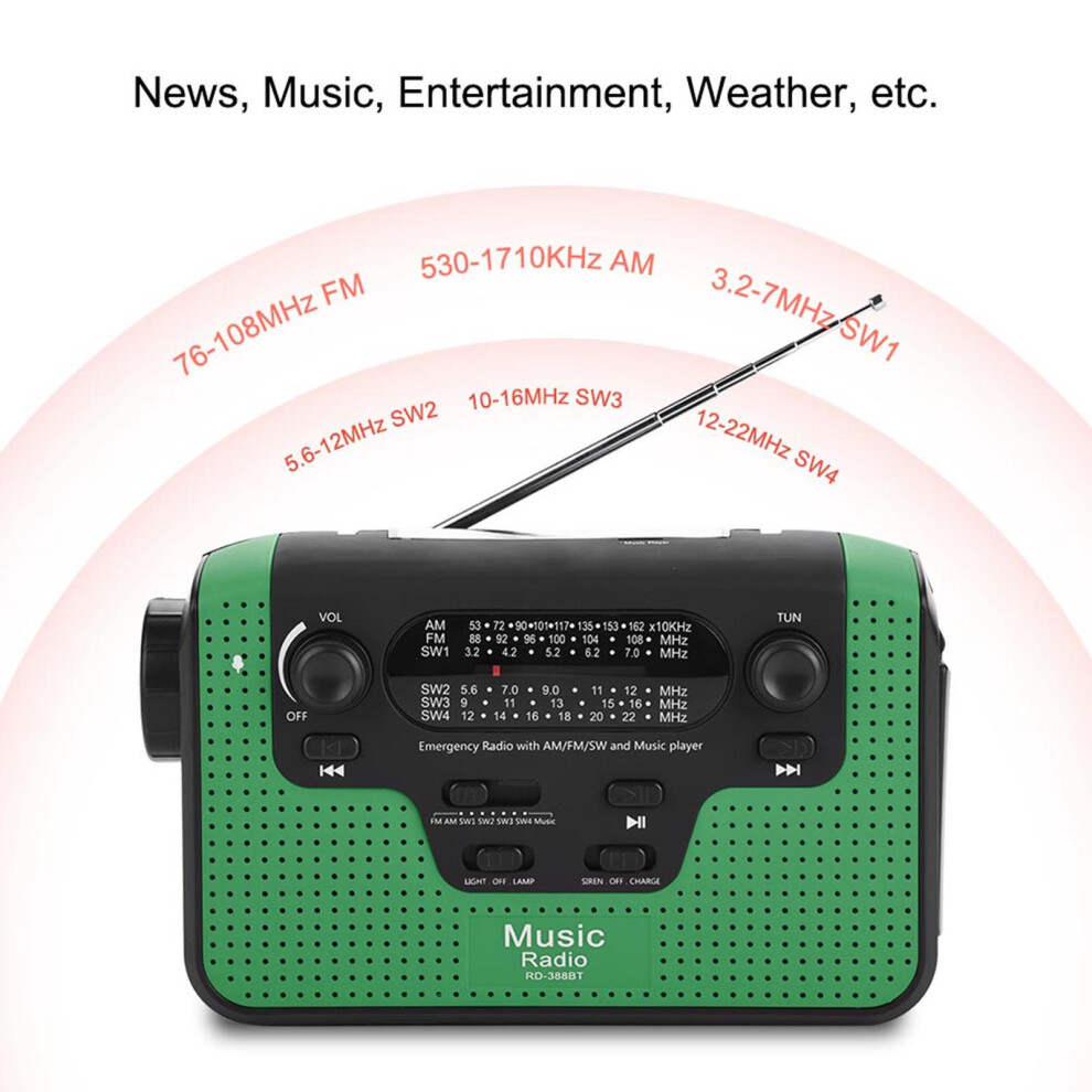 Solar Hand Crank Radio With Fm/Am/Sw, Bluetooth, Flashlight, 16G Mp3 Green 9371351699801