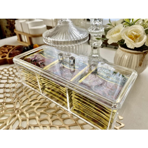 Tea Bag Storage Box Clear Acrylic, 3-Compartment Stackable Teabag Organizer, Tea Sachets Holder 1
