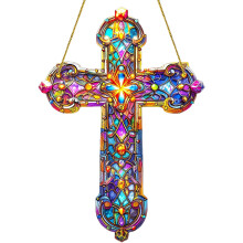 Cross Sun Catcher Acrylic Stained Glass Cross Hanging Light Catcher Waterproof Wear-Resistant Garden Yard Style 2
