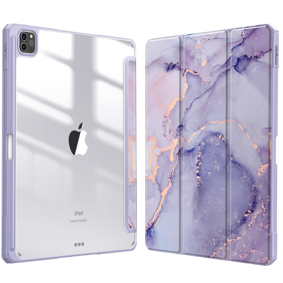 Hybrid Case For Ipad Pro 12.9 Gen 3 4 5 6 - Shockproof Clear Back, Pencil Holder, Auto Wake Sleep, Lilac Marble Purple 9354506931711