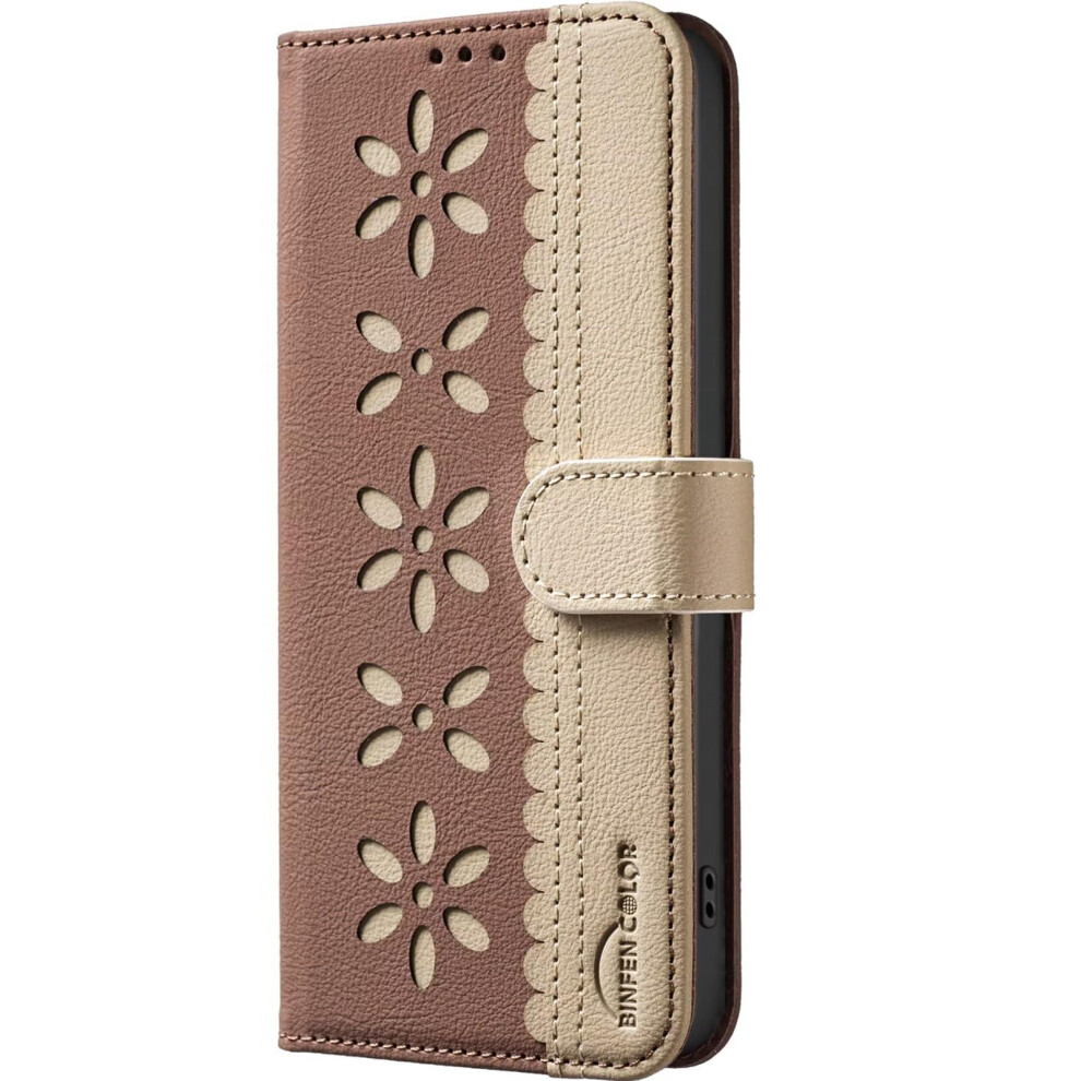 Leather Wallet Book Folio Case With Magnetic Closure, Shockproof Flip Cover, Lace Flowers Pattern, For Vivo Y29 4G Brown 9393856975068