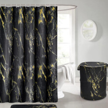 (Black and Gold Curtains) Marble Effect Shower Curtain Set With 12 Hooks Black 180x180cm Waterproof Shower Curtains Durable, Easy to Clean & Stylish or Marble Pop Up