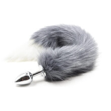 Anal Butt Plug Stainless Steel Tail Set With Plush Collar Bondage Toys Kit For Couples Gray And White Tail