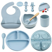 (Dusty Blue, one size) Solid Color Silicone Feeding Utensils, 8 Counts/set Soft Baby Spoon Fork & Bowl Set for Toddler, Durable Food Grade Baby Dinnerware Set,