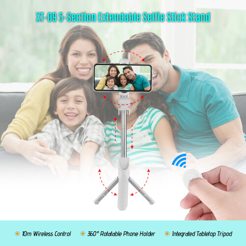 XT-09 Extendable Selfie Stick Tripod with Bluetooth Remote, 68cm Black 2