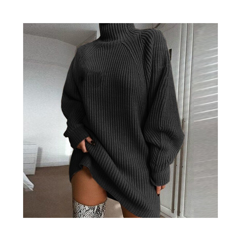 (dark gray, L) Autumn and Winter New Product: Women's Knitted Sweater, Medium to Long, with Raglan Sleeve and Half High Neck, Women's Sweater Dress-image-OPC-PKR2Y7T-NEW