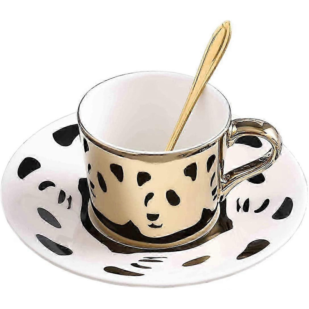 Panda Pattern Mirror Coffee Mug, Gold Porcelain Coffee Cup, Ceramic Tea Cup and Saucer, 250ml