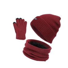 (Red) Soft and Durable Cotton Beanie Hat Scarf Gloves Set for Ski Cycling