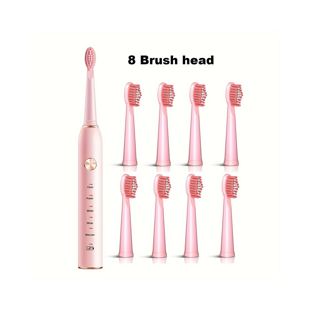 (Pink, 8 Brush Heads) Electric Toothbrush Kit, Rechargeable USB with Soft Bristles Brush Heads, 5 Cleaning Modes, Oral Care Toothbrush-image-OPC-PKR5VRP-NEW