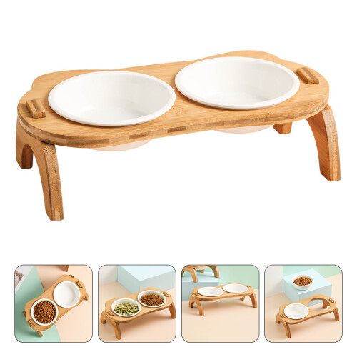 1Set Elevated Chocolate Pet Bowl Wood Ceramic Cat Water Feeder 1