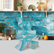 (Cyan, 16pcs) Marble Pattern Wall Sticker, 16pcs/32pcs/64pcs Peel & Stick Wall Decal, Waterproof Decorative Sticker For Home Kitchen Bathroom, Home Decor