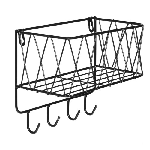 Hook Rack Mounted Shelves Holder Wall Shelf Coat Office Black 1