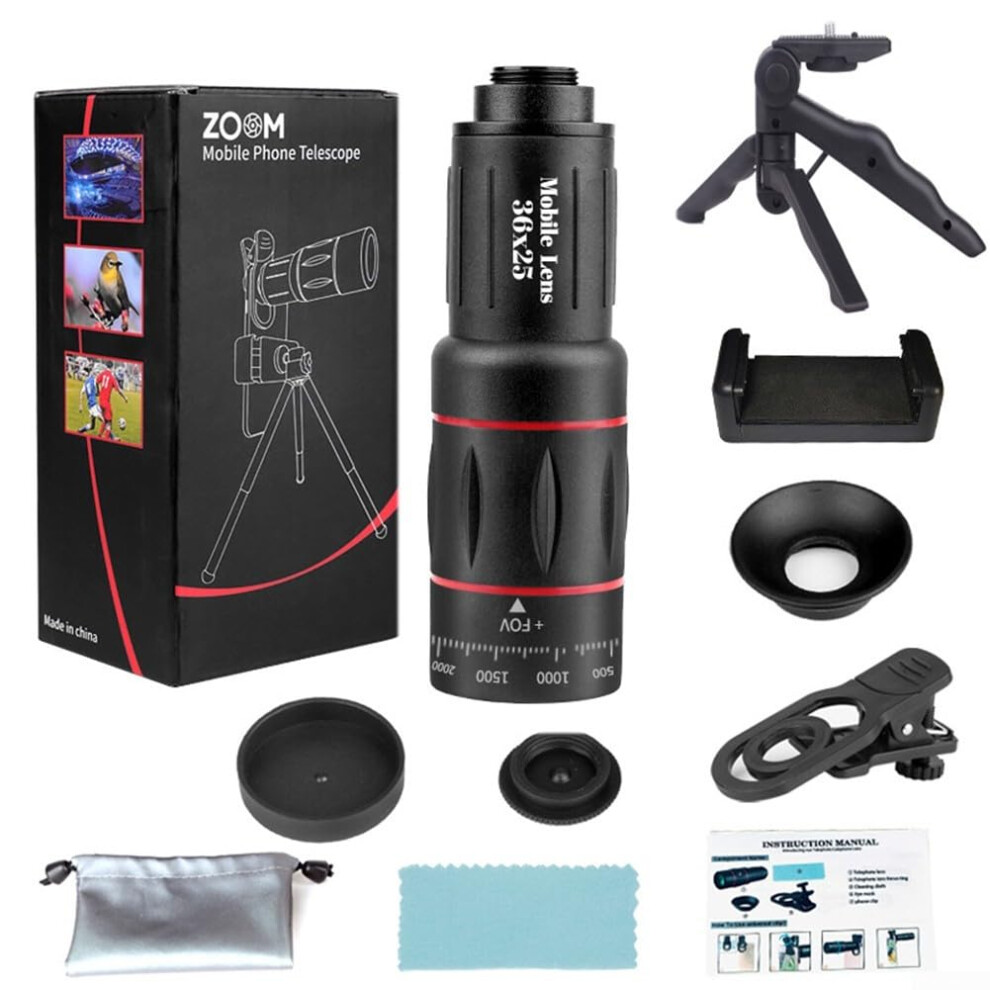 Monocular Zoom Telescope 18X-64X, Smartphone Compatible Bird Watching Lens, Adjustable Clip, Handheld Stand (36X25) 9354506938666