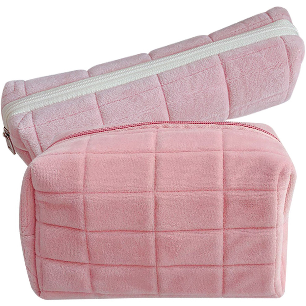 Solustre Pink 2Pcs Makeup Bag Organizer Plush Cosmetic Pouch For Travel