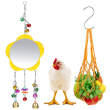 Poultry Feeding Net Bag with S-Hook, Wood Mirror, and Bell Toy