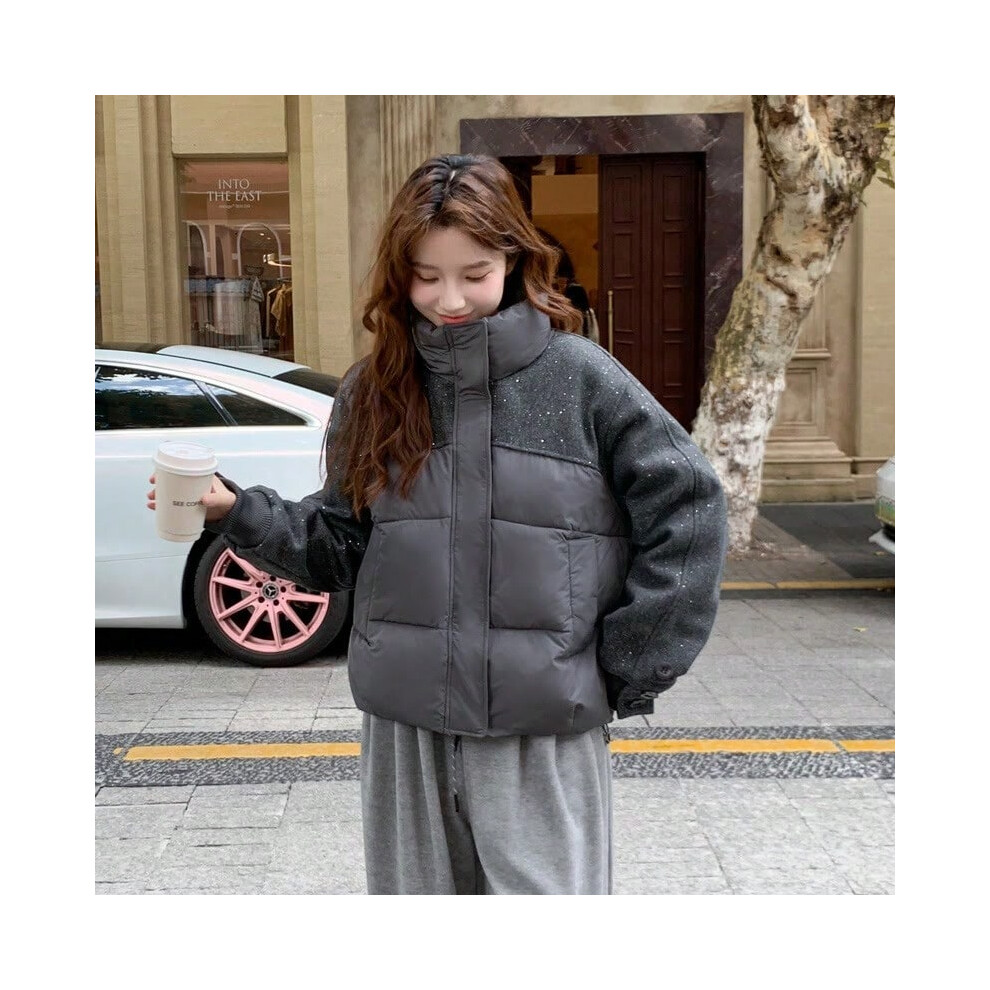 (grey, M) Sequined stitching stand collar cotton coat women 2025 short winter petite warm cotton coat