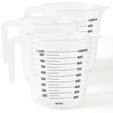 (Default) 3pk 1 Litre Plastic Clear Measuring Jug Baking Kitchen Cooking Stackable Handle Set Utensils Lightweight Heavy Duty