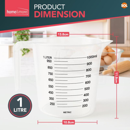 (Default) 3pk 1 Litre Plastic Clear Measuring Jug Baking Kitchen Cooking Stackable Handle Set Utensils Lightweight Heavy Duty 1