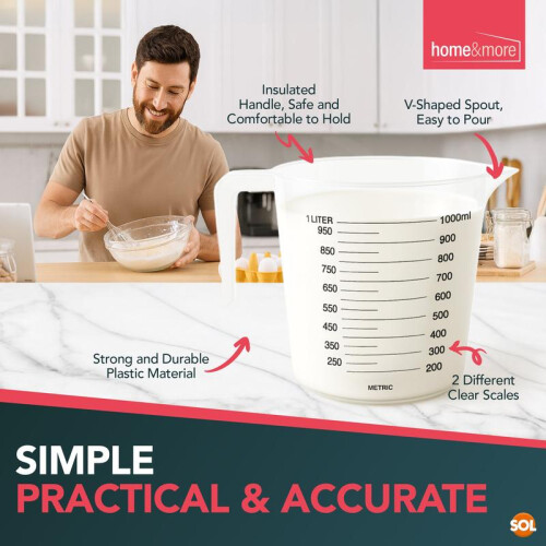 (Default) 3pk 1 Litre Plastic Clear Measuring Jug Baking Kitchen Cooking Stackable Handle Set Utensils Lightweight Heavy Duty 2