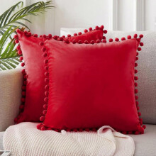 Square Decorative Throw Pillow Covers Soft Velvet Outdoor Cushion Covers 18 X 18 with Balls for Sofa Bed, Set of 2