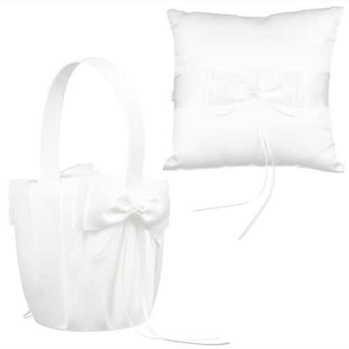 2 Pcs Ring Pillow And Flower Basket Wedding Supply Bride White