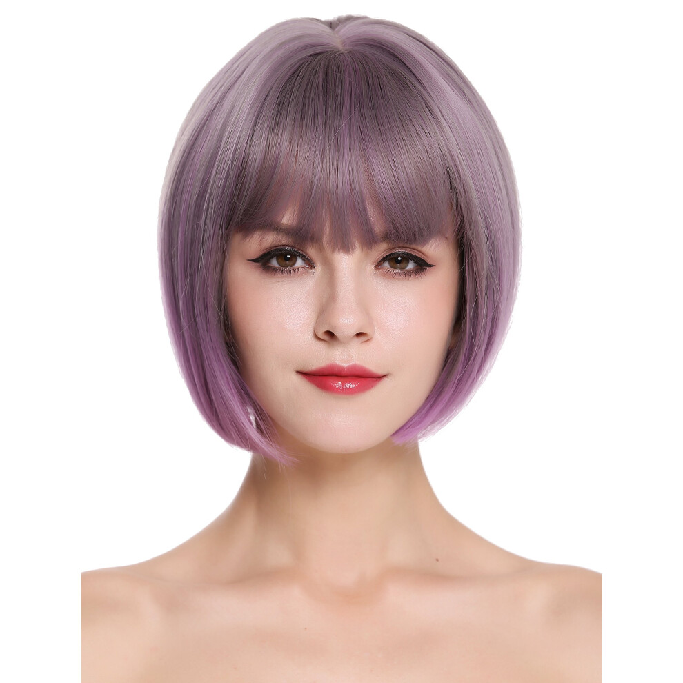 H1808-10AT366 Women's Wig Bob Sleek Short Fringe Grey Purple Violet Mix