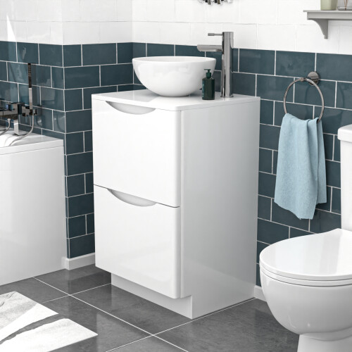NES Home Nes Home White 500mm Bathroom Freestanding Vanity Unit With Round Ceramic Basin 1