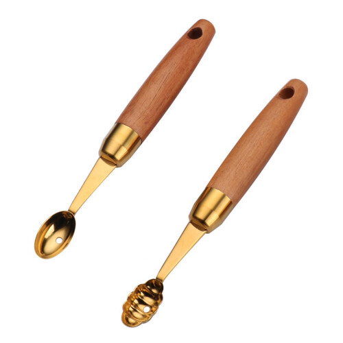 2Pcs Wooden Handle Fruit Digging Spoons Assorted Color Kitchen Gadget 2