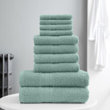 (Duck Egg) 10 Pieces Towel Bale Set 100% Combed Cotton 500GSM Ultra Soft Absorbent Face Hand Bath Bathroom Towels Linen Smooth Border Stripe