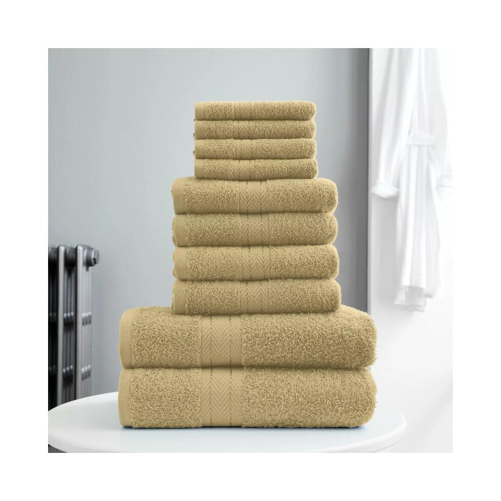 (Mocha) 10 Pieces Towel Bale Set 100% Combed Cotton 500GSM Ultra Soft Absorbent Face Hand Bath Bathroom Towels Linen Smooth Border Stripe-image-OPC-PKRC7CW-NEW