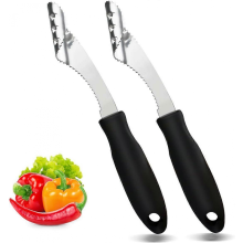 Lot de 2 vide-piments en acier inoxydable avec lame dentelée et manche en caoutchouc pour retirer les fanes de légumes et les tomates