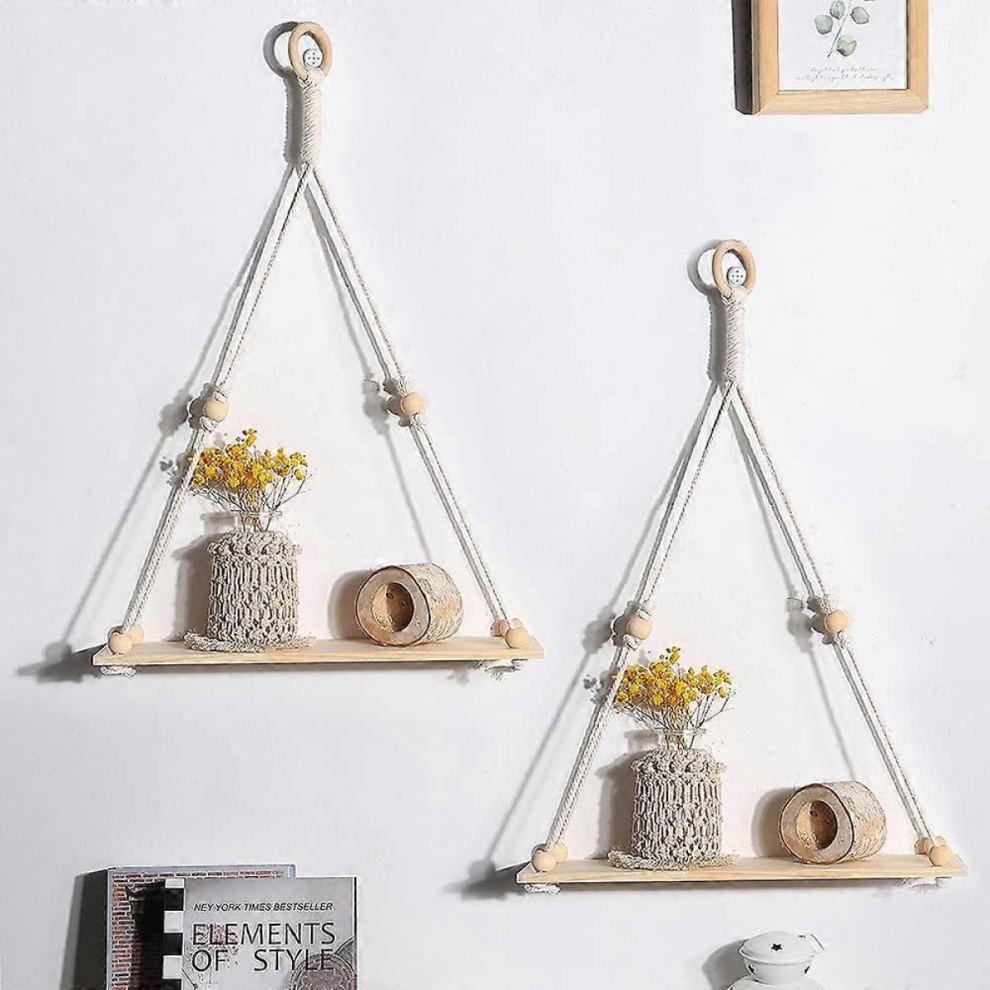 2 Pack Wooden Wall Hanging Shelves - Macrame Hanging Plant Shelf Boho, Handmade Rustic Hanger Planter Rack Flower Pot Stand Holder Storage Floating S 9022594174135