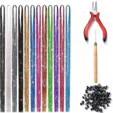 Oropel para extensiones de cabello de 94 cm con herramienta, 12 colores mezclados, kit de extensiones de cabello con purpurina para mujeres y niñ