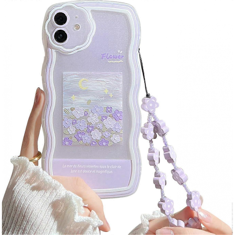 Iphone 11 Case With Cute Flower Floral Pattern Design Aesthetic Women Teen Girls Flower Lens Protection Case For Iphone 11 +Chain-Flower Purple 9022594177235
