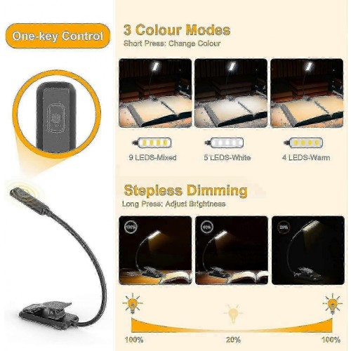 Φωτιστικό βιβλίου Gritin 9 LED με σφιγκτήρα, 3 λειτουργίες χρώματος και αδιαβάθμητη ρύθ 2
