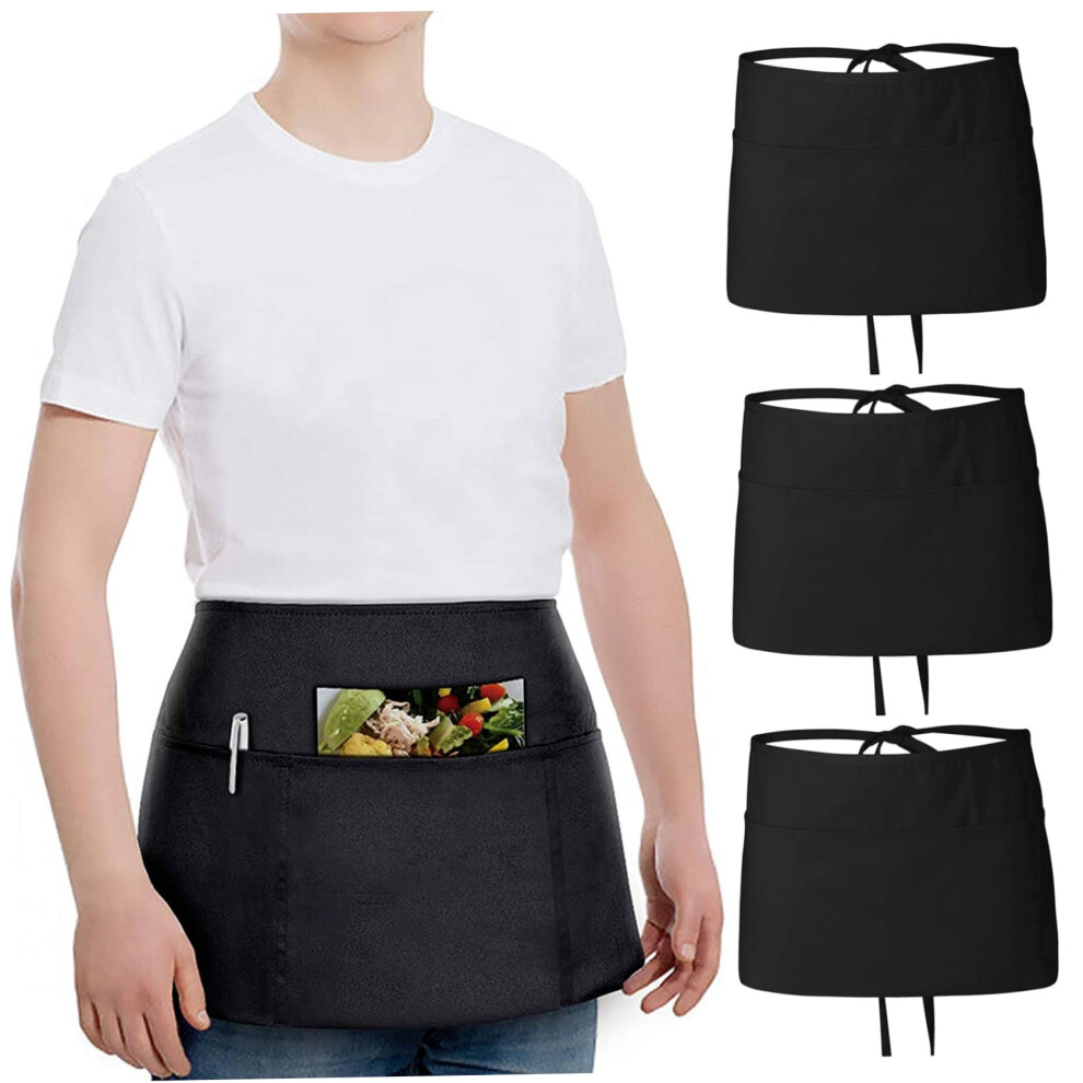 Waitress Apron Black With 3 Pockets Short Half-Waist Server Apron For Restaurant Coffee Bakery Milk Tea Shop 3Pcs 9084446102888