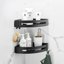 (Black-A-2 tiers) Bathroom Shelf Organizer Shower Storage Rack Black Corner Shelves Wall Mounted Aluminum Toilet Shampoo Holder No Drill