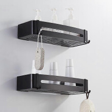 (Black-B-2tiers) Bathroom Shelf Organizer Shower Storage Rack Black Corner Shelves Wall Mounted Aluminum Toilet Shampoo Holder No Drill