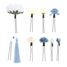 9Stk Japanische Kimono Haarstäbe Mit Blauer Stoffblume Und Metall