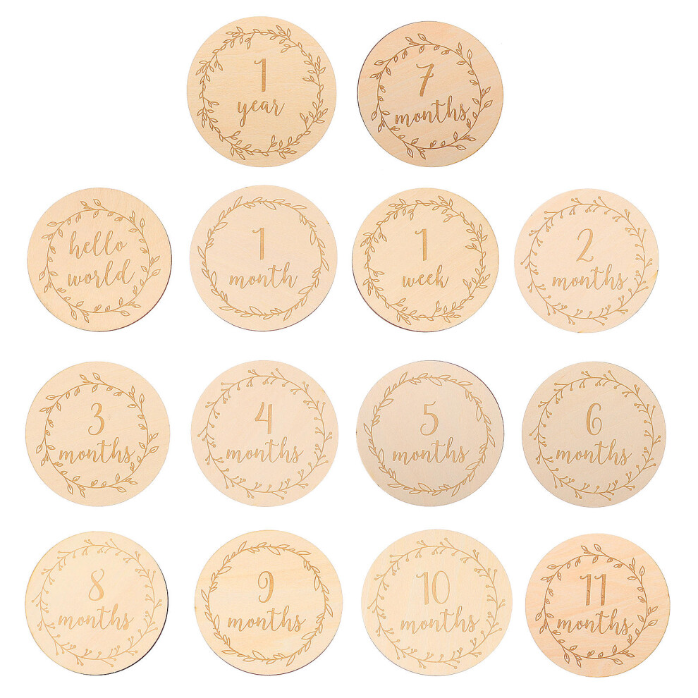 14Pcs Wood Milestone Cards Double Sided Baby Photo Discs Decor Beige Ohphcall