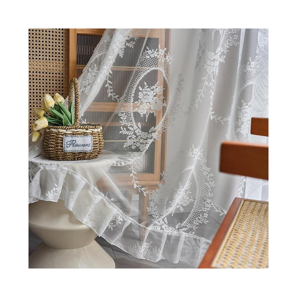 (Off White, W39*L51inch(100cm*130cm)) Vintage Floral Embroidery Charm Grommet Curtains, 1 Count Semi-transparent Window Curtain with Ruffles, Attached-image-OPC-PKRDQ22-NEW
