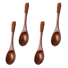 4pcs oval head wooden soup spoons for kids, natural wood, brown handle